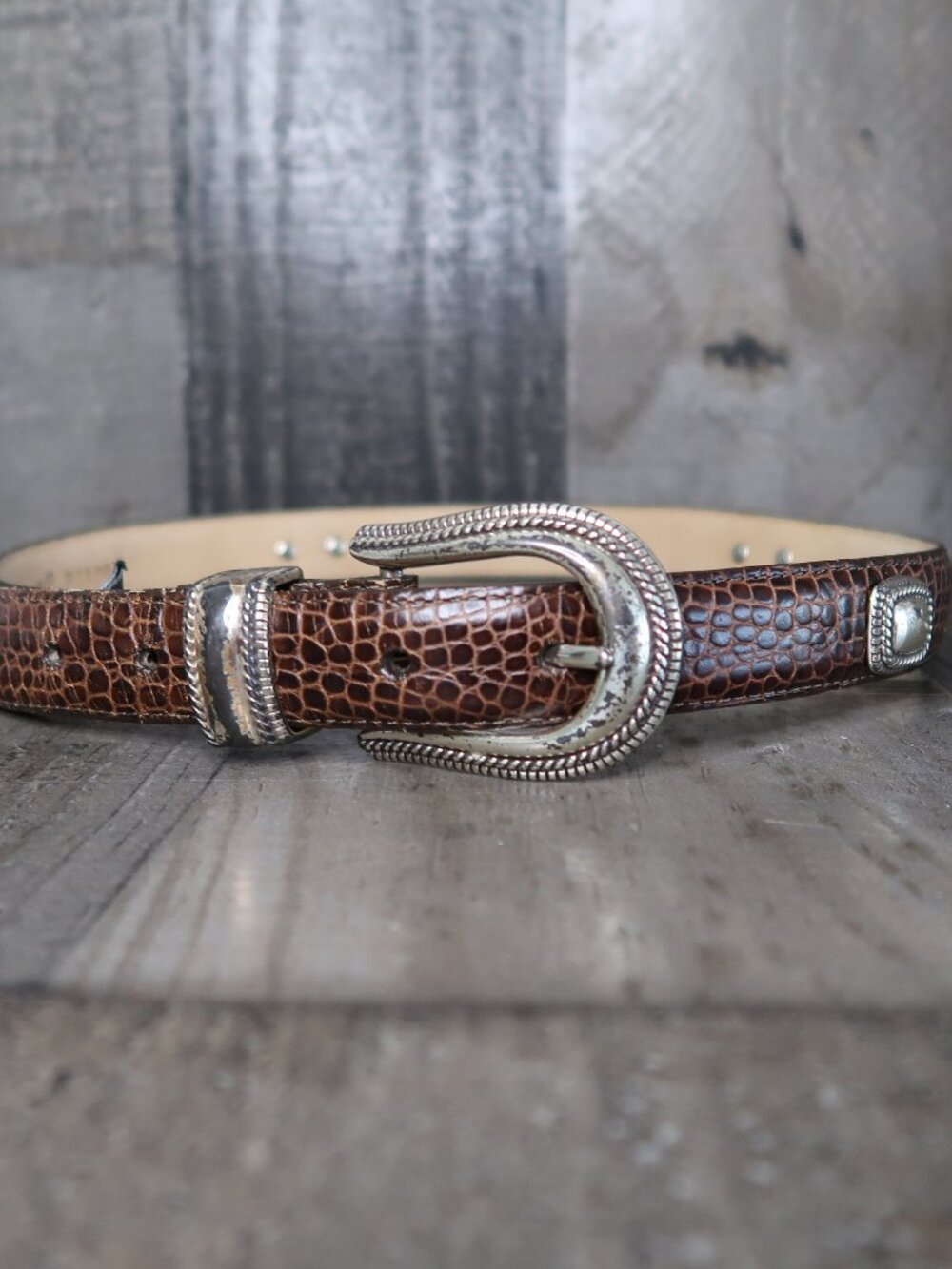 Brighton Brown Croc-Embossed Leather Belt with Silver Western Buckle
